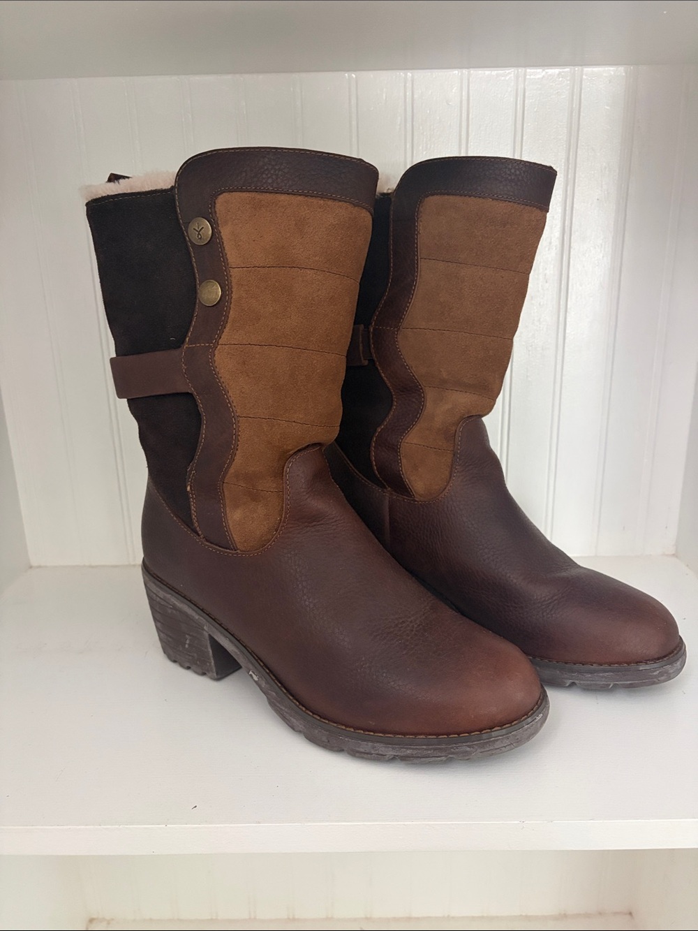 EMU Australia Brown Two-Tone Suede & Leather Mid-Calf Heeled Boots - Women's